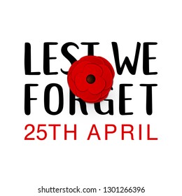 Anzac Day memorial poster. Realistic Red Poppy flower - international symbol of peace. Lest We Forget text isolated on white background. 25th April date. Remembrance Day. Vector Illustration