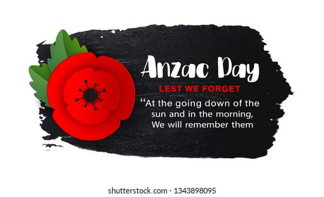 Anzac Day memorial Veterans poster. Paper cut Red Poppy flower - international symbol of peace. Lest We Forget text isolated on white. Remembrance poppies branch. Craft origami. Vector Illustration