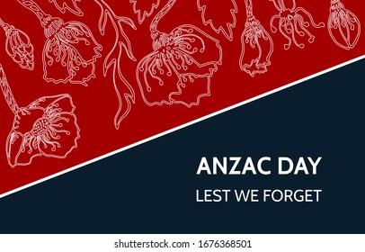 Anzac Day memory celebration banner. Illustration with red poppies and text Lest We Forget
