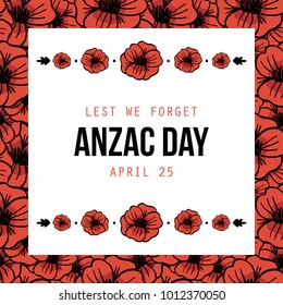 Anzac Day, national day of remembrance in Australia, card template with poppies background and design elements.