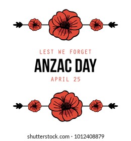 Anzac Day, national day of remembrance in Australia, card template with poppies borders, design elements.
