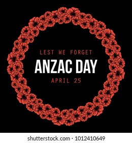 Anzac Day, national day of remembrance in Australia, card template with poppies round frame background.
