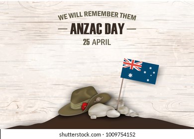 Anzac Day poppies memorial anniversary holiday. We will remember them. Anzac Day 25 April Australian war remembrance day poster or greeting card design of australian flag, Anzac army slouch hat.