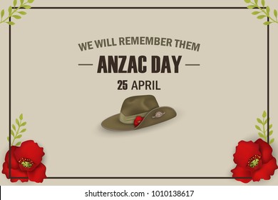 Día Anzac de los cachorros, día festivo del aniversario. Los recordaremos. Día de Anzac 25 de abril Afiche del día australiano de la conmemoración de la guerra o diseño de tarjetas de saludo de las flores rojas de los amapolas, sombrero de bofetada del ejército de Anzac.