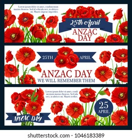 Anzac Day poppy flower banner for Australian and New Zealand Army Corps Remembrance Day design. Red flower bunch with green leaf and ribbon banner for World War soldier and veteran memorial card