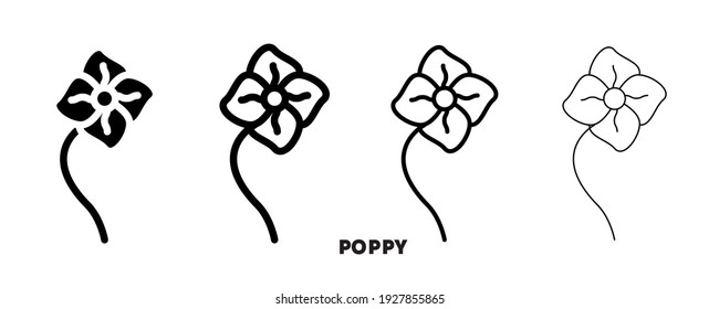 Diseño de icono de símbolo de flor de amapola de día anzac. La flor de amapola es el símbolo que los soldados usan en sus sombreros. Diseño de logotipo, web y banner. Ilustración. Silueta de línea e icono modificable.