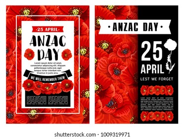 Anzac Day poster with wreath of red poppy flower and black ribbon. Floral banner of National Day of Remembrance in Australia and New Zealand with Lest We Forget message