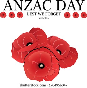 Anzac day. Red poppies with a reminder of Alzac's day, with the inscription "lest we forget" and a date. 