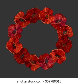 Anzac Day. Red Poppies Wreath. Floral round frame