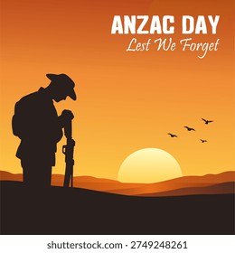 ANZAC Day remembrance background featuring soldier silhouette standing with rifle during sunset and Lest We Forget text. Vector Illustration