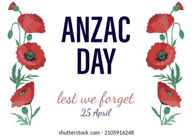 Anzac Day is a day of remembrance. Banner with poppies flowers and an inscription. War Memorial Day in New Zealand and Australia