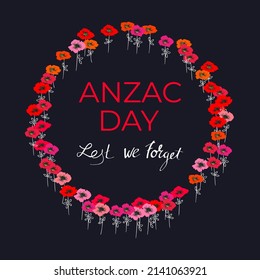 ANZAC DAY. Remembrance day lest we forget. Red poppy flower international symbol of peace on black background. Great for design posters, banner, header for website, card. Vector illustration