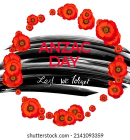 ANZAC DAY. Remembrance day lest we forget. Red poppy flower international symbol of peace on white background. Great for design posters, banner, header for website, card. Vector illustration