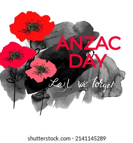 ANZAC DAY. Remembrance day lest we forget. Red poppy flower international symbol of peace on white background. Great for design posters, banner, header for website, card. Vector illustration