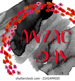 ANZAC DAY. Remembrance day lest we forget. Pattern of red poppies international symbol of peace, grunge brush stroke, text on white. Great for design posters, banner, header for website, card. Vector