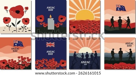 ANZAC Day Remembrance Vector Set | Poppy, Soldier Silhouette and Flag Illustrations | Flat Design Cards