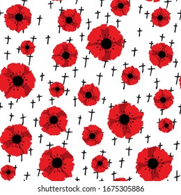 Anzac day. Seamless pattern red poppies and black crosses isolated on white background. Remembrance Day vector illustration. Design element for poster, banner, web design