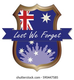 Anzac Day shield design with the Australian Flag. Australia New Zealand Army Corp. Military veteran memorial day.