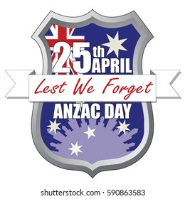 Anzac Day shield design with the Australian Flag. Australia New Zealand Army Corp. Military veteran memorial day.