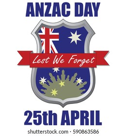 Anzac Day shield design with the Australian Flag. Australia New Zealand Army Corp. Military veteran memorial day.