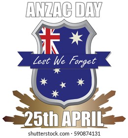 Anzac Day shield design with the Australian Flag. Australia New Zealand Army Corp. Military veteran memorial day.