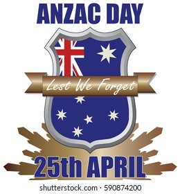 Anzac Day shield design with the Australian Flag. Australia New Zealand Army Corp. Military veteran memorial day.