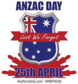 Anzac Day shield design with the Australian Flag. Australia New Zealand Army Corp. Military veteran memorial day.