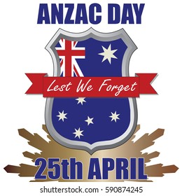 Anzac Day shield design with the Australian Flag. Australia New Zealand Army Corp. Military veteran memorial day.