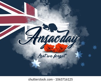 Anzac  Day, Silhouette Of Soldier Blowing Trumpet With Soldier, With Poppies 