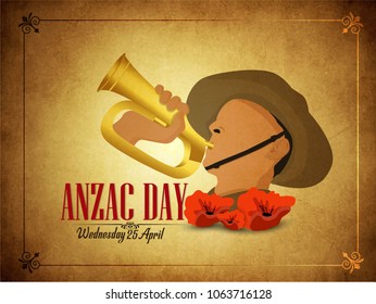 Anzac  Day, Silhouette of soldier blowing trumpet with soldier, with poppies .