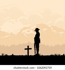 Anzac Day, Silhouette Of Soldier Paying Respect At The Grave, Vector