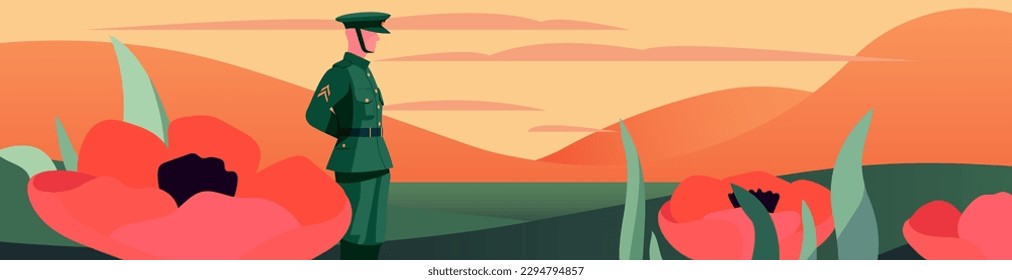 Anzac Day Tribute: Illustration with Poppy and Soldier. Capture the spirit of Anzac Day with the flat illustration. The design depicts a soldier and a vibrant poppy against.