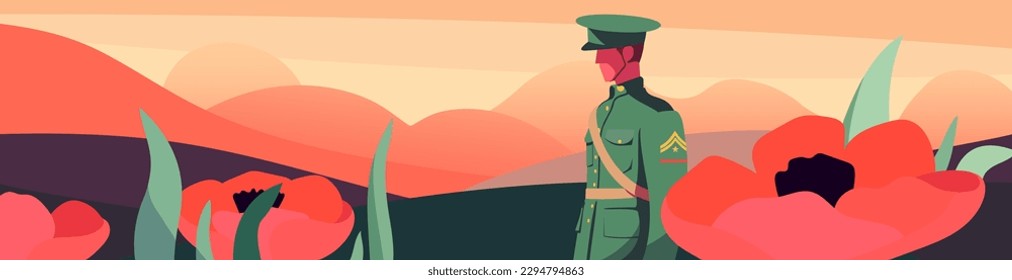 Anzac Day Tribute: Illustration with Poppy and Soldier. Capture the spirit of Anzac Day with the flat illustration. The design depicts a soldier and a vibrant poppy against.