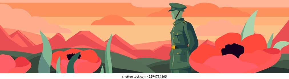 Anzac Day Tribute: Illustration with Poppy and Soldier. Capture the spirit of Anzac Day with the flat illustration. The design depicts a soldier and a vibrant poppy against.