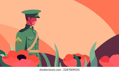 Anzac Day Tribute: Pastel Illustration with Poppy and Soldier. Capture the spirit of Anzac Day with this touching stock photo featuring a flat illustration in vector format.