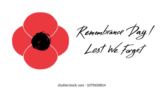 Anzac Day vector banner. Red Poppy flower illustration and lettering - Remembrance Day and Lest We forget.  Symbol of International Day of Remembrance. 8th may in Europe