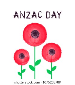 Anzac Day vector card, 25th of April. International Remembrance Day symbol of peace. Abstract Watercolor red Poppies flowers.