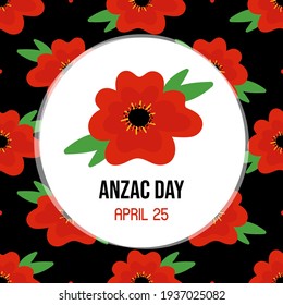 Anzac Day vector card, illustration with poppy flower and pattern background. National Day of Remembrance in Australia and New Zealand. 