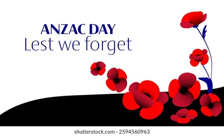 Anzac day vector horizontal banner with poppy flower composition on black and white