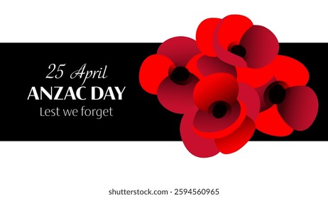 Anzac day vector horizontal banner with poppy flowers on black