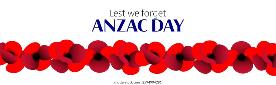 Anzac day vector horizontal banner with poppy flowers on white background