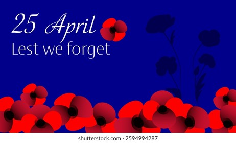 Anzac day vector horizontal banner with poppy flower composition on blue and 25 April text