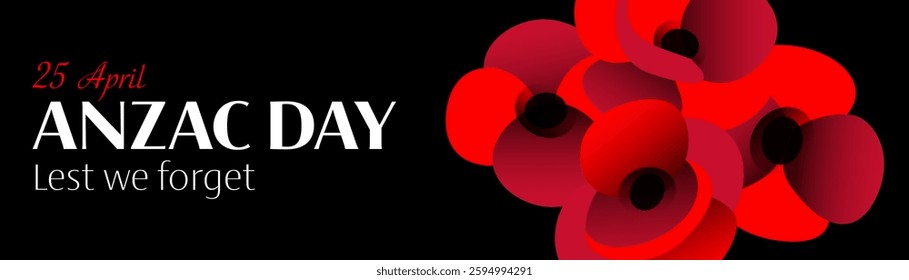 Anzac day vector horizontal banner with poppy flower composition on black