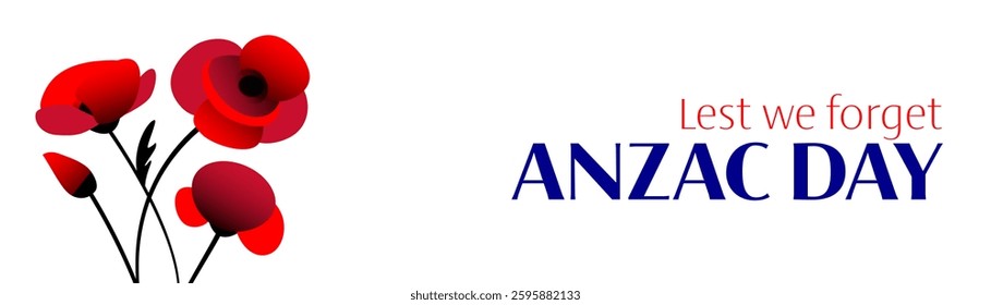 Anzac day vector horizontal banner with poppy flowers bouquet on white background