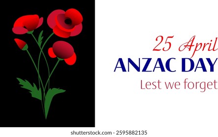 Anzac day vector horizontal banner with poppy flower bunch with leaves on black