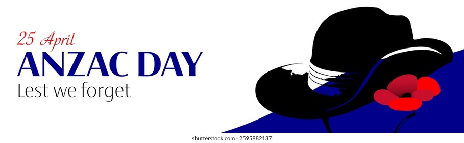 Anzac day vector horizontal banner with poppy flowers and slouch hat on white background