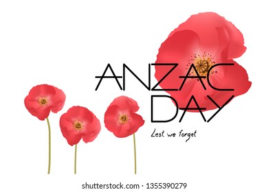 Anzac day vector illustration. Australia New Zealand Army Corps. Red poppy flower isolated on white background. Remembrance day.  Lest we forget.