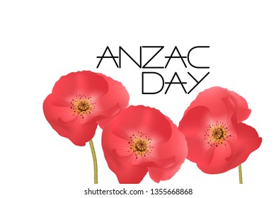 Anzac day vector illustration. Australia New Zealand Army Corps. Red poppy flower isolated on white background. Remembrance day. 