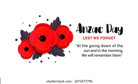 Anzac Day vector poster. Lest We forget. Paper cut Red Poppy flower - a symbol of International Day of Remembrance. Vector Illustration EPS 10 file.