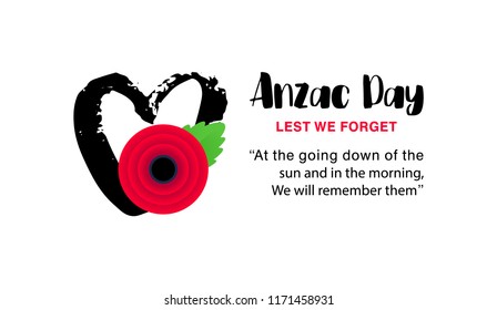 Anzac Day vector poster. Lest We forget. Hand drawn heart with bright Red Poppy flower - a symbol of International Day of Remembrance. Vector Illustration EPS 10 file.